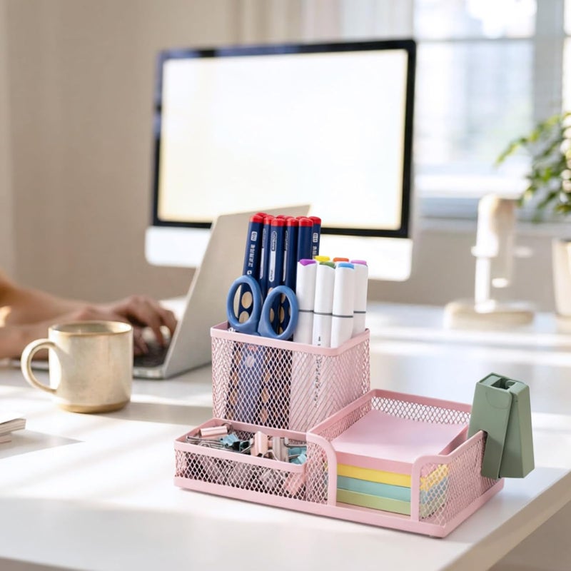 MG Mesh Pen Holder Desk Organizers Pencil Holder for Desk Pink, 3 Compartments Metal Office Supply Organizer with Sticky Notes Holder for Home Office - Image 4